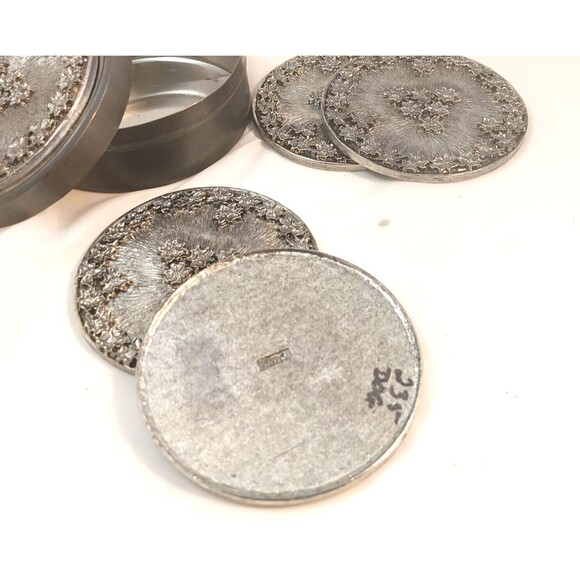 Vintage Metzke 4 Pewter Metal Round Coasters Flower design with tin box 1984 - Picture 4 of 5